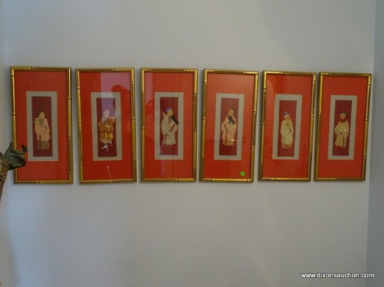 (HALF BATH) 6 VINTAGE FRAMED AND MATTED SILK AND RICE PAPER RELIEFS OF ORIENTAL FIGURES IN GOLD FAUX