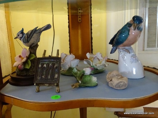 (LR) SHELF LOT OF MISC.. LOT INCLUDES- PORCELAIN BLUE JAY FIGURINE BY ANDREA- 6 IN H, CAPODIMONTE