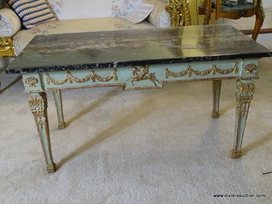(LR) VINTAGE NEO CLASSICAL STYLE MARBLE TOP COFFEE TABLE WITH DISTRESSED PAINTED AND CARVED BASE- 41