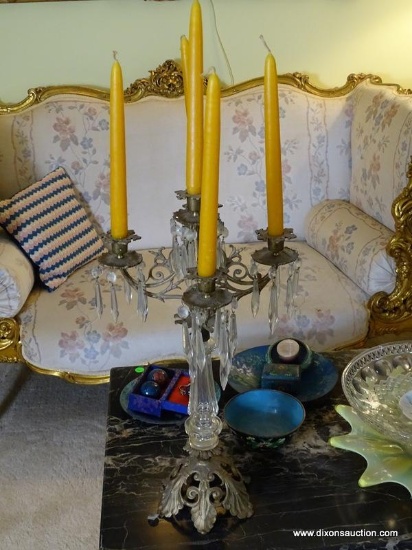 (LR) ANTIQUE BRASS AND CRYSTAL CANDELABRA WITH PRISMS- 20 IN H- ITEM IS SOLD AS IS WHERE IS WITH NO