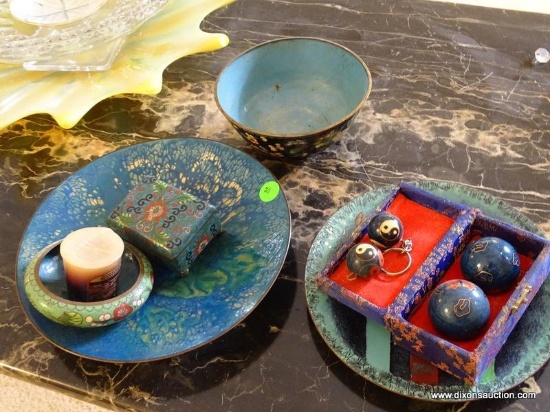 (LR) CLOISONNE AND MODERN ENAMEL ON COPPER ART- CLOISONNE LOT INCLUDES TRINKET BOX, SMALL DISH, 6 IN
