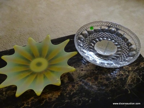 (LR) 3 PIECE LOT- LOT INCLUDES A MID CENTURY SUNBURST GLASS PLATE- 12 IN IN DIA., CRYSTAL COMPOTE-