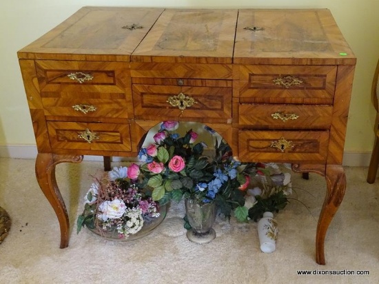 (LR) ANTIQUE 19TH CEN. FRENCH LIFT TOP MAHOGANY AND BURL INLAID VANITY, CENTER LIFTS UP TO REVEAL