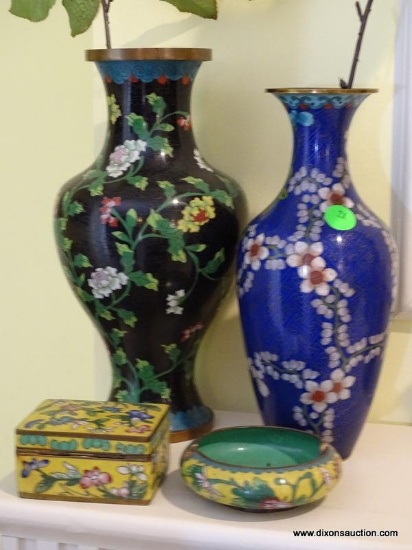 (LR) 4 CLOISONNE ITEMS- 2 VASES- 9 AND 10 IN H, TRINKET BOX AND ASH TRAY-ITEM IS SOLD AS IS WHERE IS