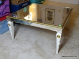 (LR) FRENCH PAINTED AND MIRRORED TOP AND SIDES COFFEE TABLE- 31 IN X 31 IN X 17 IN, ITEM IS SOLD AS