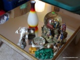 (LR) MISC.. GROUPING- CONTAINS MUSICAL SNOWGLOBE NATIVITY SCENE- 9 IN H ART GLASS VASE- 10 IN H., 2