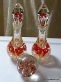 (LR) PR. OF MURANO GLASS CRUETS WITH STOPPERS ( ONE HAS BEEN REPAIRED)- 8 IN H AND A PAPERWEIGHT,