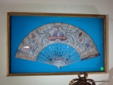 (LR) FRAMED ANTIQUE FAN IN GOLD SHADOW BOX FRAME- 23 IN X 14 IN, ITEM IS SOLD AS IS WHERE IS WITH NO