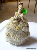 (LR) DRESDEN PORCELAIN COLONIAL LADY FIGURINE- 6 IN H.,ITEM IS SOLD AS IS WHERE IS WITH NO