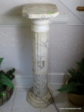 (FOYER) ANTIQUE MARBLE PEDESTAL; CARVED ANTIQUE COLUMNED MARBLE PEDESTAL- 11 IN X 11 IN X 40 IN. , (