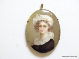 (LR) ANTIQUE HAND PAINTED MINIATURE PORTRAIT ON PORCELAIN PENDANT- 2 IN L.,ITEM IS SOLD AS IS WHERE