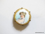 (LR) ANTIQUE HAND PAINTED MINIATURE PORTRAIT ON PORCELAIN BROACHE- 1 IN. L.,ITEM IS SOLD AS IS WHERE