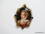 (LR) ANTIQUE HAND PAINTED MINIATURE PORTRAIT ON PORCELAIN PENDANT- 1.5 IN L.ITEM IS SOLD AS IS WHERE