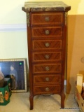(DR) ONE OF A PR. OF FRENCH ORMOLU MAHOGANY MARBLE TOP SEVEN DRAWER CHEST WITH HERRING BONE AND