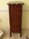 (DR) ONE OF A PR. OF FRENCH ORMOLU MAHOGANY MARBLE TOP SEVEN DRAWER CHEST WITH HERRING BONE AND