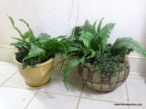 (FOYER) 2 CERAMIC PLANTERS WITH FAUX FERNS-12 IN DIA. X 15 IN H, ITEM IS SOLD AS IS WHERE IS WITH NO