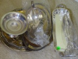 (DR) LOT OF SILVERPLATE- CANDY DISH, GRAVEY BOAT, 2 BREAD TRAYS, 2 ROUND TRAYS SALAD TONGS, ETC.,