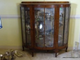 (DR) VINTAGE ART DECO MAHOGANY CHINA CABINET WITH PAINTED GLASS PANELS AND PAINTED BOWFRONT GLASS