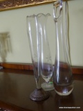 (DR) 3 BUD VASES, 1- ETCHED GLASS AND STERLING BASE, ETCHED GLASS AND GLASS- 9 IN IS SOLD AS IS