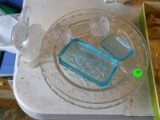(DR) MISC.. GLASS LOT- VINTAGE RABBIT CANDY CONTAINER, PASTRY STAND, CHILD'S BABY PLATE, KNIFE REST,