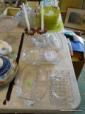 (DR) LARGE GLASS LOT- PR. CANDLEHOLDERS, VARIOUS SERVING DISHES, PUMPKIN CADY DISH, 2 SETS OF