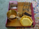 (DR) MISC.. METALWARE- GOLD PLATED DISH, 2 BRASS CUPS OR SMALL PLANTERS, BRASS MINIATURE EASEL,