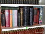 (OFFICE) SHELF LOT OF VARIOUS WORLD RELIGIONS AND INCLUDES AN 1849 LEATHER BOUND AND EMBOSSED