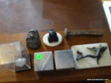 (OFFICE) MISC.. LOT- INCLUDES RR SPIKE, BRASS DOLPHIN ON MARBLE, HEAVY LEAD FACE PAPERWEIGHT, PR. OF