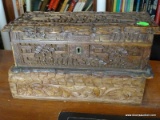 (OFFICE) 2 CARVED BOXES- ANTIQUE HEAVILY CARVED ORIENTAL BOX MADE FOM MAHOGANY- 10 IN X 4 N X 4 IN