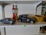 (OFFICE) SHELF LOT- LOT INCLUDES WOODEN BOWL, VINTAGE STYLE GAS PUMP, PEWTER 1954 BUICK CAR BANK- 7