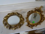 (OFFICE) 2 VINTAGE CARVED GOLD PAINTED MIRRORS- 8 IN X 13 IN AND 9 IN FIA., ITEM IS SOLD AS IS WHERE