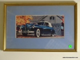 (OFFICE) FRAME AND MATTED CAR PRINT IN GOLD FRAME- 18 IN X 12 IN, ITEM IS SOLD AS IS WHERE IS WITH