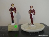 (MBED) 2 ART DECO METAL AND ALABASTER MANDELION PLAYER STATUE- 8 IN H AND ASHTRAY- 8 IN H., ITEM IS