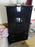 (MBED) ONE OF A PR. OF MODERN BLACK CLOTHING ARMOIRE- 2 DOORS WITH INTERIOR SHELVING AND 2 DRAWERS-