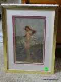 (MBED) FRAMED PRINT OF NUDE- DOUBLE MATTED IN GOLD FRAME- 11 IN X 15.5 IN, ITEM IS SOLD AS IS WHERE