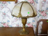 (BED1) ANTIQUE SLAG GLASS PANEL LAMP WITH DOGWOOD MOTIF, NO SIGHTED DAMAGE TO SLAG GLASS- 21 IN H,