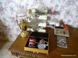 (BED1) DESK LOT; LOT INCLUDES STACKING FILE TRAYS, CALCULATOR BRASS SHIP' STYLE OIL LAMP- 16 IN H