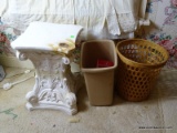 (BED1) MISC.. LOT. LOT INCLUDES PLASTER COLUMN PEDESTAL- 12 IN X 12 IN X 16 IN AND 2 TRASH CANS,