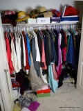 (BED1) CONTENTS OF CLOSET- LADIES CLOTHING- SIZES 16 - 1X, SHOES SIZE 9.5,, HATS, AND COUPLE OF