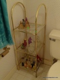 (HALL BATH) BRASS AND GLASS 3 SHELF STAND- 13 IN X13 IN X 42 IN
