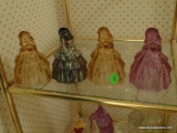 (HALL BATH) 4 COLORED GLASS SOUTHERN BELLES, 1 BEING CARNIVAL GLASS- 4 IN IS SOLD AS IS WHERE IS