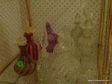 (HALL BATH) SHELF LOT OF VINTAGE PERFUME BOTTLES, 2 MURANO GLASS, 1 MATCHING PR, ETC., ITEM IS SOLD