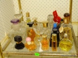 (HALL BATH) SHELF LOT OF MISC.. PERFUME BOTTLES, ITEM IS SOLD AS IS WHERE IS WITH NO GUARANTEES OR