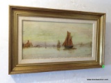 (BACK HALL) ANTIQUE EARLY 20H CEN. FRAMED OIL ON CANVAS OF FISHING BOATS- BY W. FERGUSON DATED 1929-