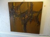 (BACK HALL) FRAMED MODERN ART ON CANVAS IN OAK FRAME- 37 IN X 37 IN, ITEM IS SOLD AS IS WHERE IS