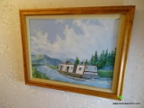 (BACK HALL) FRAMED OIL ON MASONITE OF BATEAUX BOAT BY WILL HADDON DATED 1979 IN BIRD'S EYE MAPLE