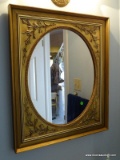 (HALF BSTH) GOLD FRAMED MIRROR, WICKER WASTE BASKET AND FLOWER ARRANGEMENT IN METAL VASE- MIRROR- 24