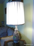 (LR) PAINTED BRISTOL GLASS AND BRASS LAMP WITH CLOTH SHADE- 30 IN- ITEM IS SOLD AS IS WHERE IS WITH