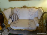 (LR) ANTIQUE FRENCH GOLD GILT, HIGHLY CARVED LOVE SEAT WITH IVORY AND PASTEL VELVET UPHOLSTERY- 58