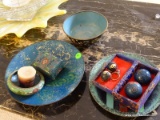 (LR) CLOISONNE AND MODERN ENAMEL ON COPPER ART- CLOISONNE LOT INCLUDES TRINKET BOX, SMALL DISH, 6 IN